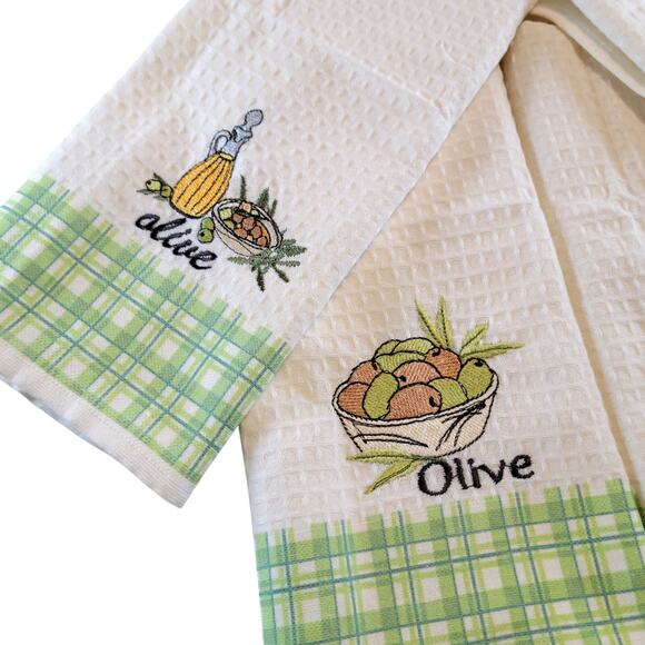 4 Olive Kitchen Towels Lavien Embroidered Waffle Cotton Blend 16x24" Green Plaid - Picture 13 of 13